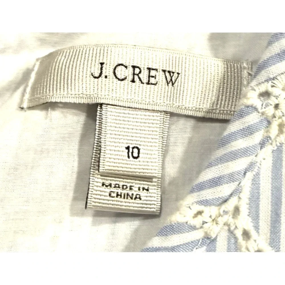 J. Crew Dress Womens 10 Blue White Seersucker Eyelet Shift Lined Side Pocket